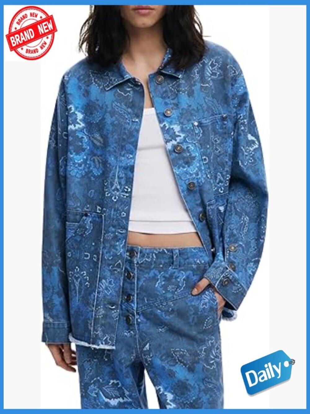 Women's Blue Casual Button-Front Jacket with Pockets